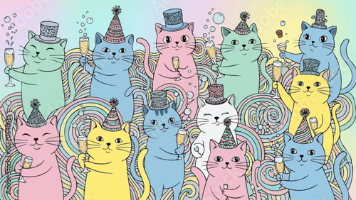 Adorable Cats Celebrating with Party Hats and Champagne Glasses.
