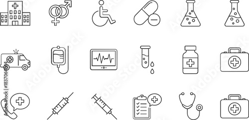 Medical healthcare line icons collection with hospital, ambulance, medicine, syringe, stethoscope, first aid, blood test, pharmacy, disability, emergency