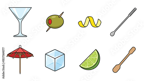 Icon Set of Cocktail Making Elements Martini Glass Olive Garnish Ice and Tools for Bartending and Mixology