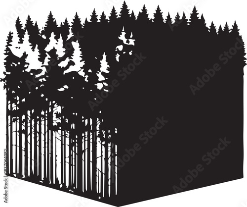 Silhouette of a dense forest with a cubic negative space