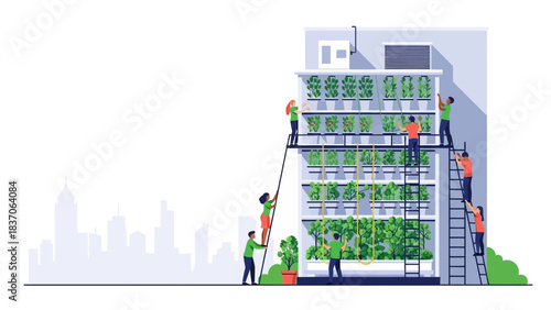 Collaborative Team Tending a High-Tech Vertical City Farm Focused on Urban Sustainability