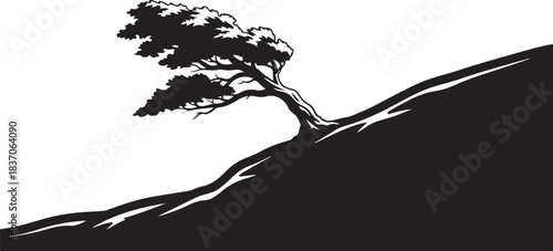 Silhouette of a windswept tree on a steep hill slope
