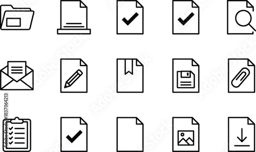 Set of outline document and file icons for office work, checklist, writing, attachment, search, download, digital organization, vector design