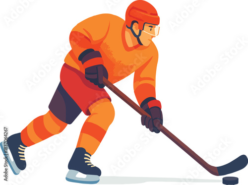 Ice hockey player in orange uniform with stick and puck