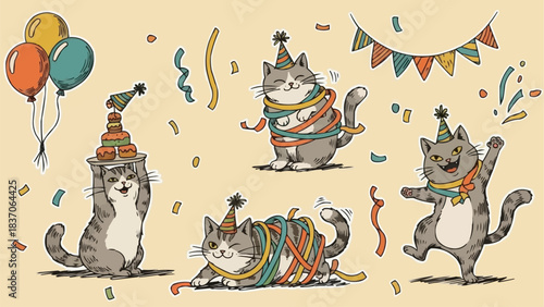 Cats celebrating a birthday with party hats and decorations in a festive scene.