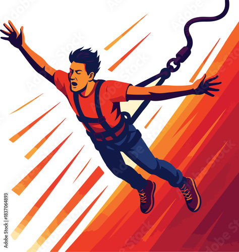 Man bungee jumping with arms outstretched and vibrant background