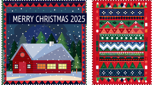 Merry christmas postcard featuring a snowy cabin and a decorative patterned border design element