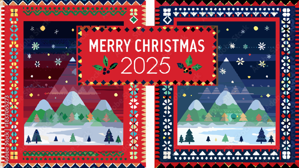 Fototapeta premium Festive christmas design featuring mountains, trees, snowflakes, and a merry christmas 2025 message