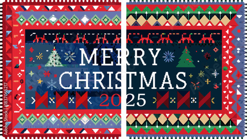 Merry christmas greeting card design with decorative borders and christmas tree and snowflake motifs for year