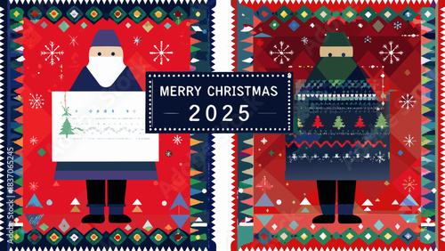 Festive christmas illustration featuring two figures with holiday sweaters and decorative backgrounds around them