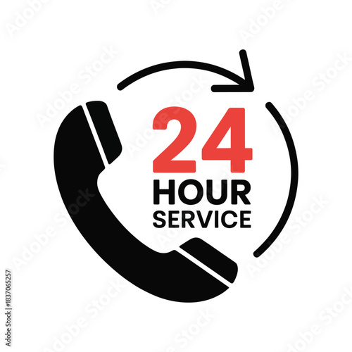 Black and red telephone handset icon with circular arrow illustrating round-the-clock contact center support and assistance