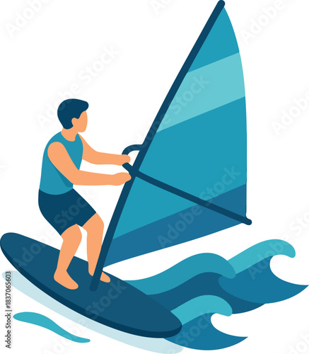 Man windsurfing on blue board with blue sail sailing