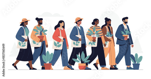 Group of people holding flags, standing in a crowd, with silhouette businessman and woman teamwork