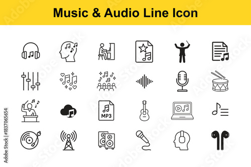 A collection of black and white line icons representing various music and audio related concepts and equipment