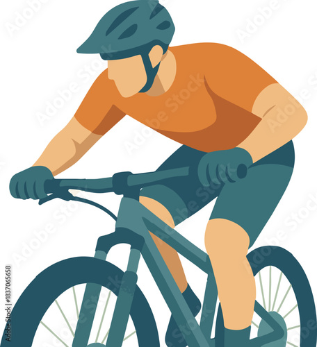 Mountain biker riding a bicycle with helmet and gear Keywords: mountain biking, cyclist, bicycle
