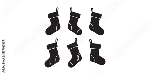 Minimalist Christmas stockings with snowflake design in black and white, festive holiday decoration icon with hanging loops, A black silhouette icon of a Christmas stocking with a small tree design