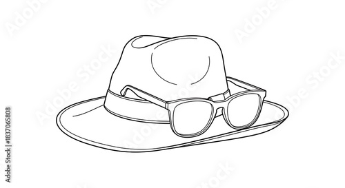 Stylish Fedora Hat and Sunglasses Line Art Illustration.