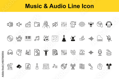 A collection of various black and white music and audio related line icons displayed on a yellow background