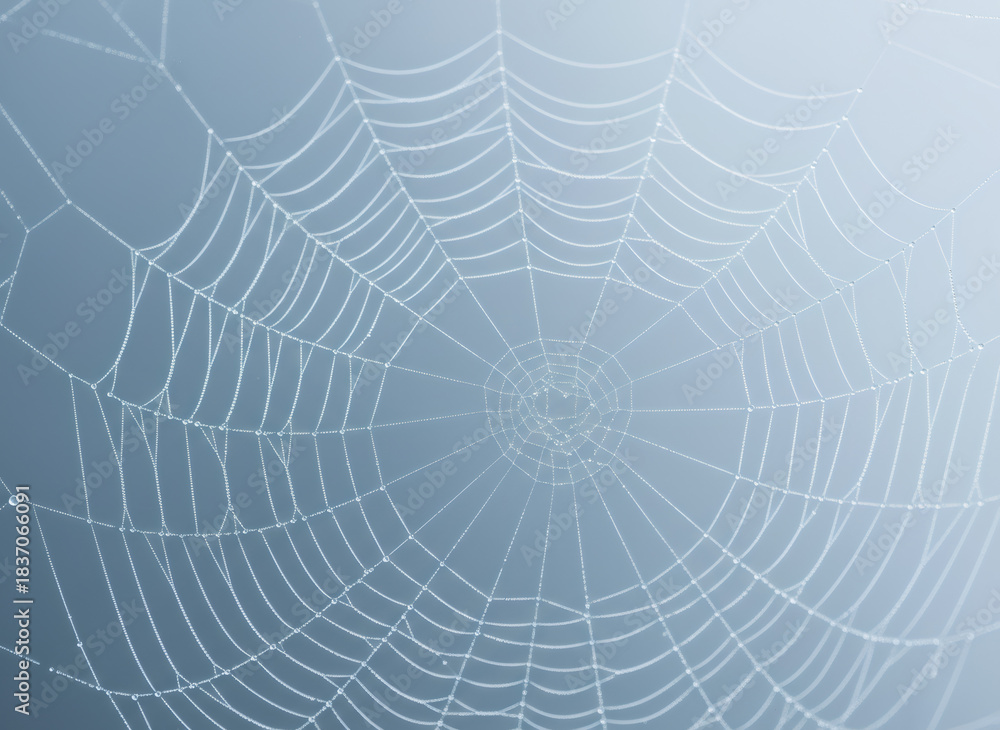 Fototapeta premium Close up of a delicate spider web covered in dew drops against a soft blue background. Nature beauty and intricate design.