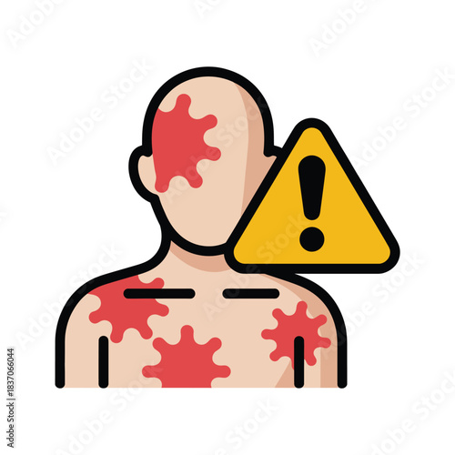 Human figure with severe skin rash and warning sign concept indicating serious health condition or highly contagious dermatological disease threat