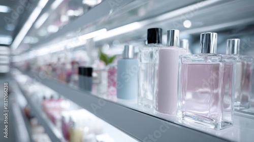 Retail store shelf with perfume bottles in focus for beauty ecommerce branding product display photography composition fragrance lifestyle setup scene