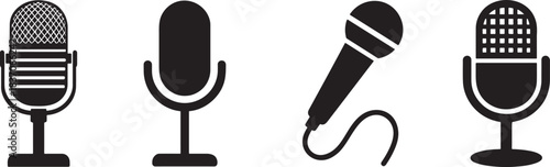 Silhouette microphone icon set featuring classic, studio, and modern audio recording designs.