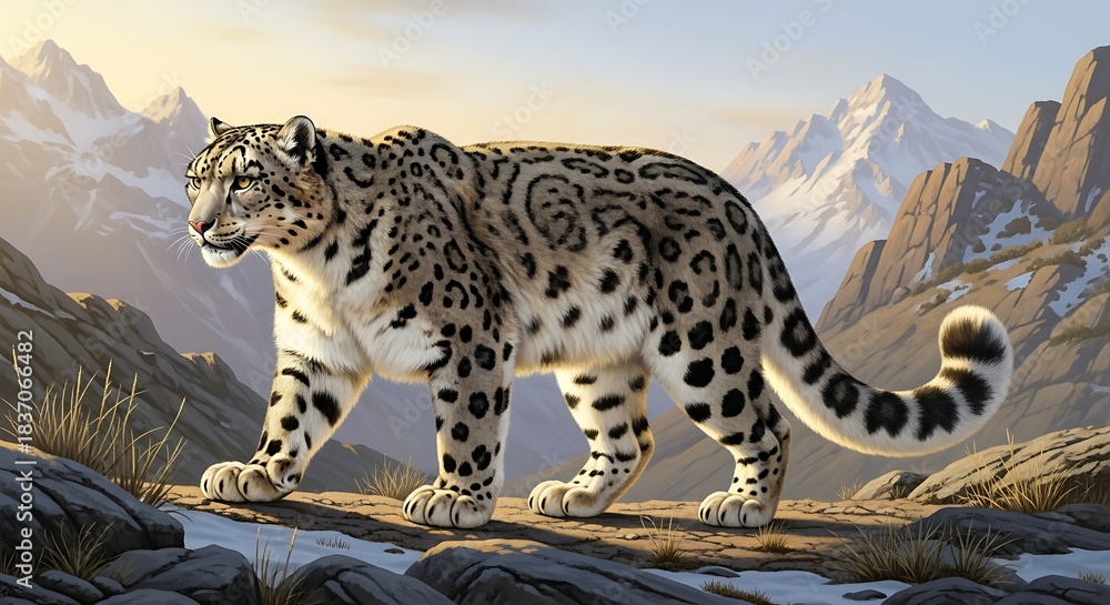 Obraz premium Snow Leopard in Mountainous Terrain - A Majestic Wildlife Illustration.
