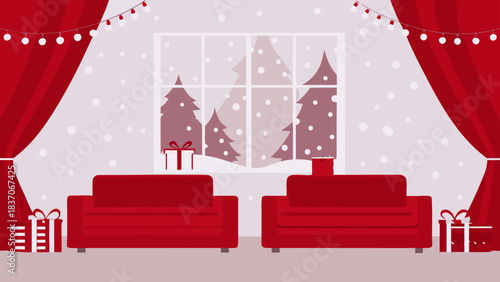 A cozy christmas scene with red sofas, gifts, curtains, string lights, and a snowy winter scene outside the window