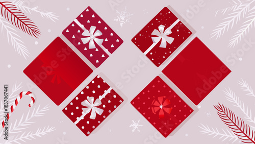 Festive arrangement of red christmas presents with bows and candy cane on a light background design