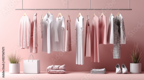 Fashion display with hanging white clothes and plants on pink background for ecommerce branding lifestyle product photography stylish setup