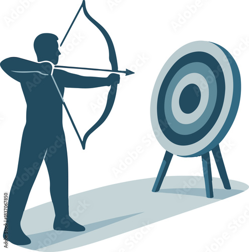 Silhouette of archer aiming at target on white background