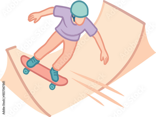 Skateboarder on a Ramp with Motion Lines Keywords: skateboarding, skateboarder, ramp, skatepark