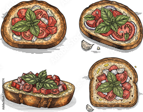 Italian Bruschetta Tomato Toast Icon Set with Basil and Garlic in Detailed Hand-Drawn Vintage Food Vector Illustration