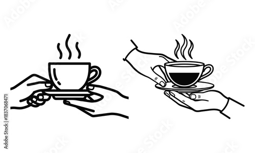 Hands serving hot coffee or tea in a cup with steam, line art vector illustration.