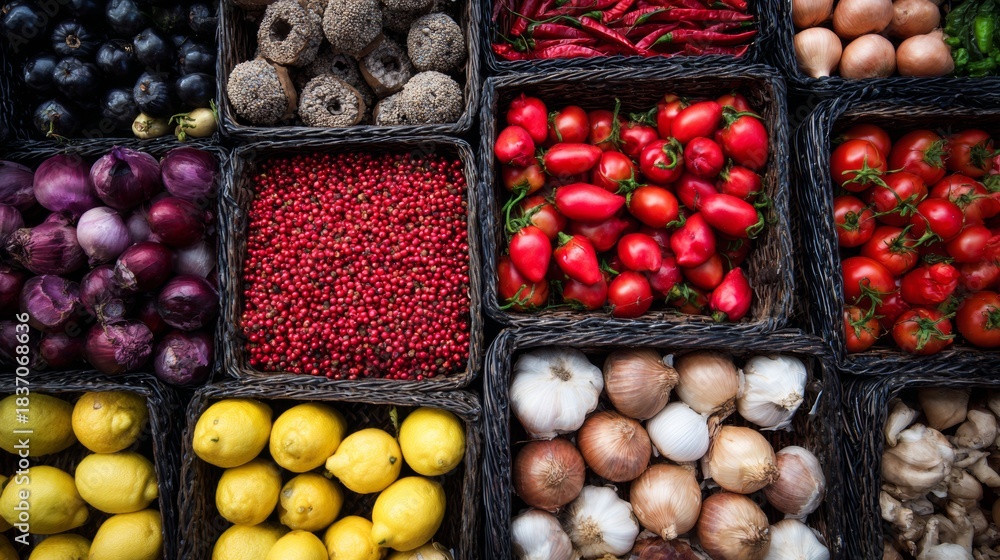 Obraz premium Top view of fresh fruits and vegetables in compartments for healthy food photography organic nutrition lifestyle composition grocery display