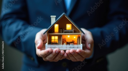 Agente inmobiliario sosteniendo una acogedora casa en miniatura con luz interior