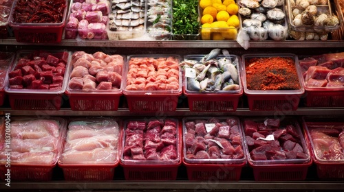 Raw meat variety in market counter display with spices vegetables for food product photography commercial grocery composition retail packaging