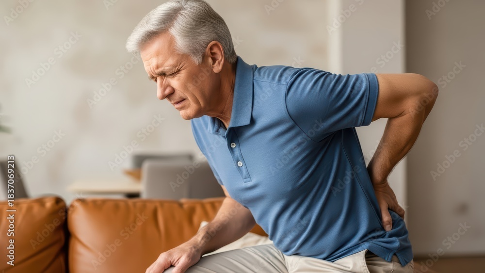 Obraz premium Elderly caucasian male experiencing lower back pain in a home setting