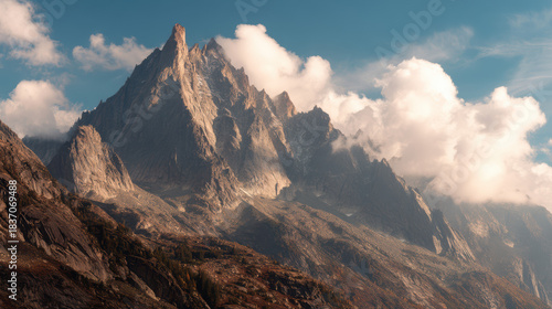 The majestic Aiguille du Dru peak rises dramatically against a clear blue sky, partially veiled by soft, white clouds, showcasing its rugged, rocky slopes.