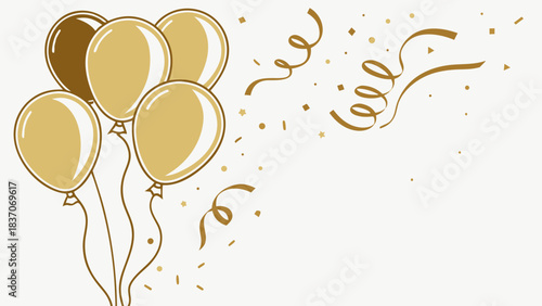 a festive celebratory image featuring five golden or champagne-colored balloons tied together on the left side, with confetti and decorative streamers scattered throughout the composition.
