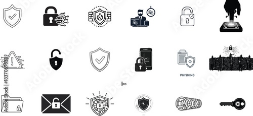 Collection of Security and Privacy Icons Padlocks, Shields, and Keys for Digital Protection