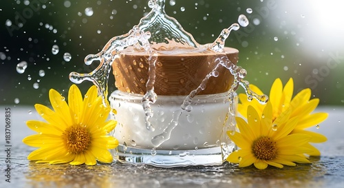 Natural Cream Jar with Water Splash and Yellow Flowers.