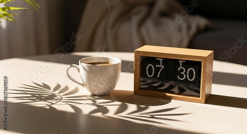 Morning Still Life - Coffee, Clock, and Leaf Shadows on a Table.