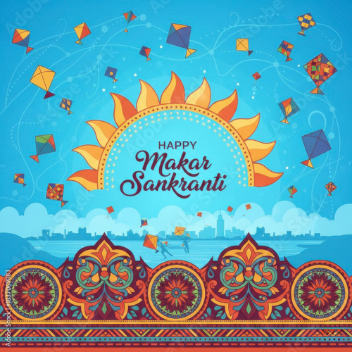 Vibrant Makar Sankranti banner featuring colorful kites flying high in a bright blue sky over a city skyline, with traditional Indian folk art elements.
