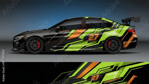 Side view of a black racing car with a vibrant green and orange geometric decal wrap featuring the number 27, showcasing a dynamic vehicle design.