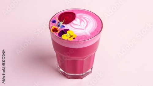 Vibrant Pink Latte with Floral Garnish and Artistic Foam Design