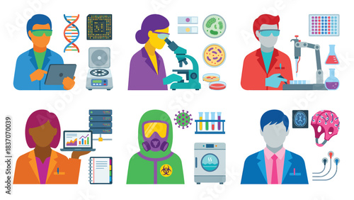Diverse Scientists and Researchers in Modern Laboratories Conducting Advanced Medical and Scientific Research Icon Set