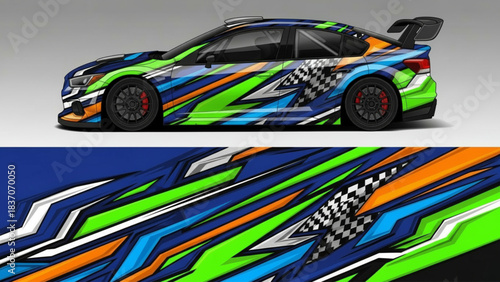 Dynamic racing car with a vibrant blue, green, and orange abstract geometric livery design, showcasing the full vehicle wrap.