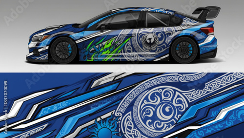 A blue sports car with an intricate Celtic knot and abstract graphic wrap design.