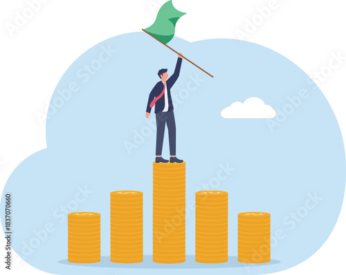 business winner concept, success businessman on stand strong bar graph domino collapse

